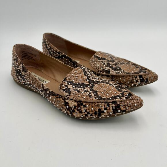 Steve Madden Feather Studded Loafer Flat Womens 6.5 Snake Print Leather Reptile - Picture 1 of 8